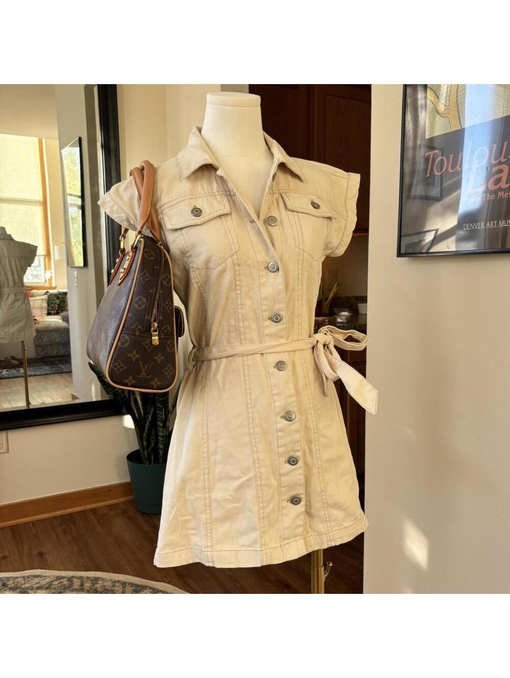 Jessica Simpson Denim Shirt Dress XS Utility Safari Mini Cotton Y2K Neutral NWT